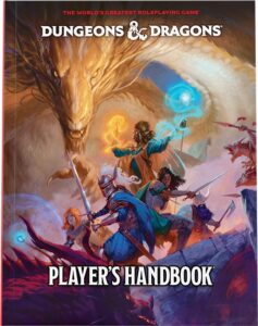 2024 Player's Handbook | D&D | Cover art with fantasy troupe fighting a gold dragon