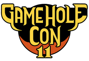 Game Hole Con XI in gold fancy text outlined in black against a red-orange circle