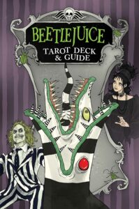 An illustration of Beetlejuice, Lydia, and the black-and-white striped worm from Tim Burton's Beetlejuice movie