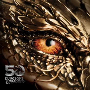 Close-up of the side of a gold dragon's face. 50 Dungeons and Dragons.