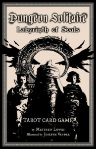 Dungeon Solitaire: Labyrinth of Souls Tarot Card Game | inked woodcut silhouette of figures on a manilla background