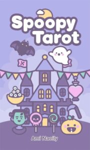 Kawaii-style cover art for the Spoopy Tarot. A haunted house, ghost, bat, eyeballs, frankenstein, candy, potions in pastel colors