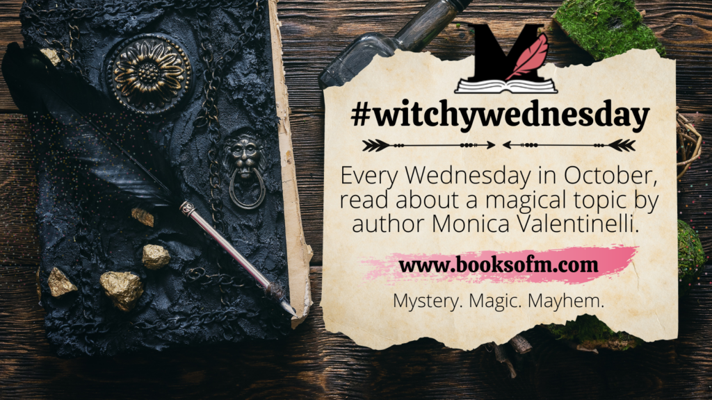 #witchywednesday Every Wednesday in October read about a magical topic by author Monica Valentinelli | www.booksofm.com | Mystery. Magic. Mayhem Image of a grimoire, wand, and candle on a desk