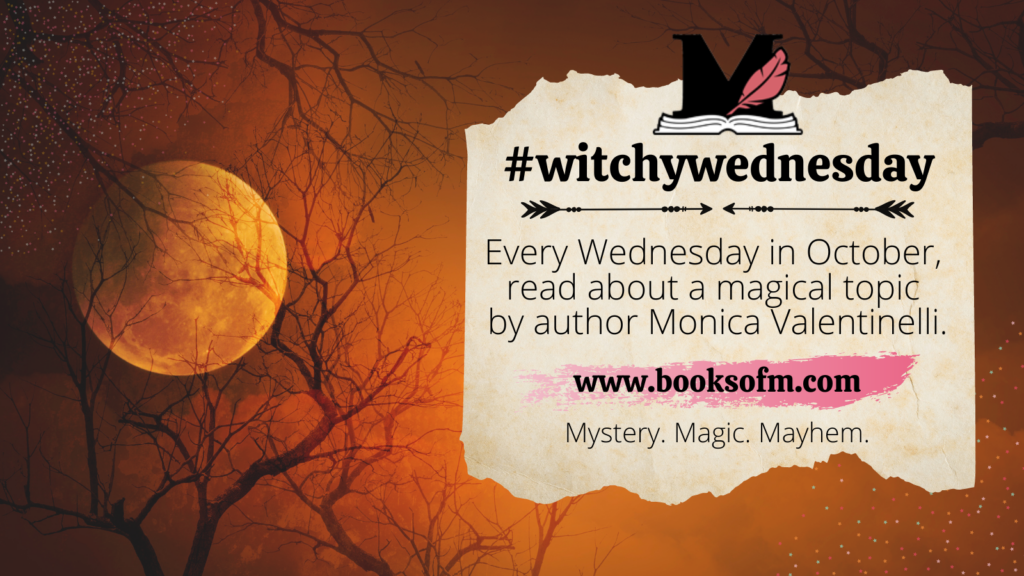 #Witchy Wednesday | Every Wednesday in October, read about a magical topic by author Monica Valentinelli | www.booksofm.com | background image is a full moon rising in an orange sky behind skeletal trees