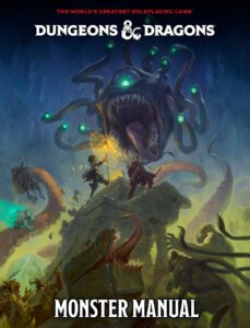 Monster Manual 2024 Cover Art a beholder facing off against adventurers and other monsters